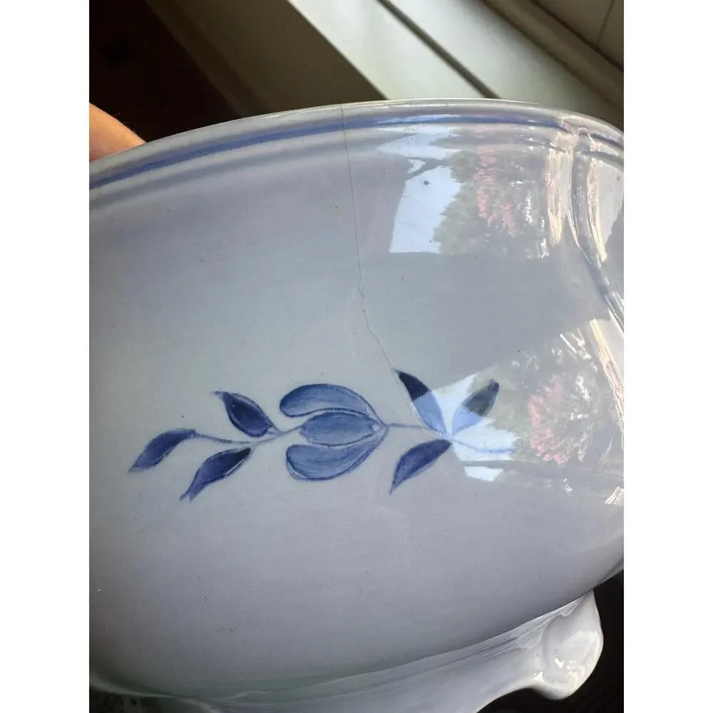 Vintage French Country Longchamp Tureen – Tulip Blue Faience Serving Bowl